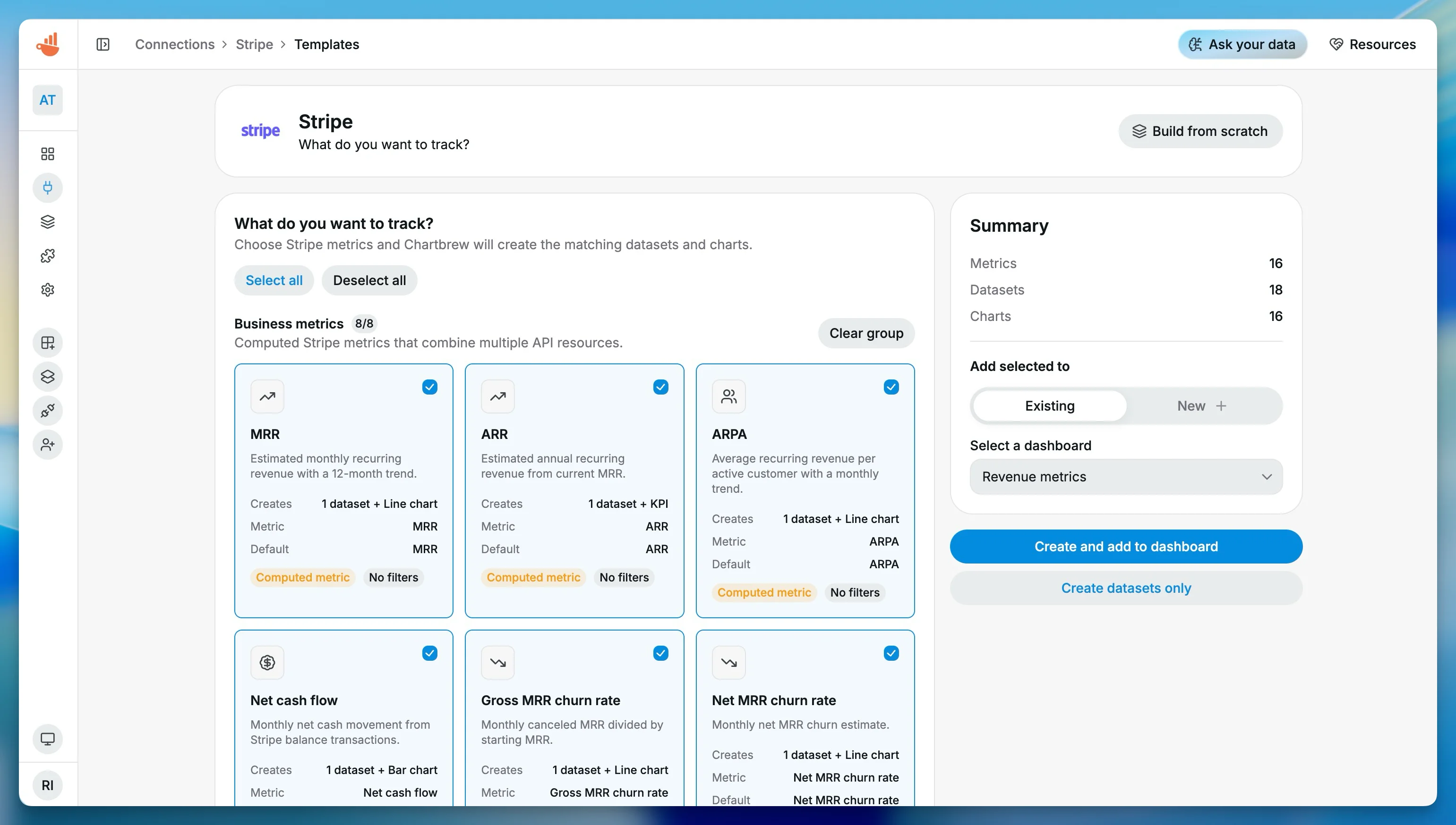 Chartbrew template setup screen for Stripe compiled metrics