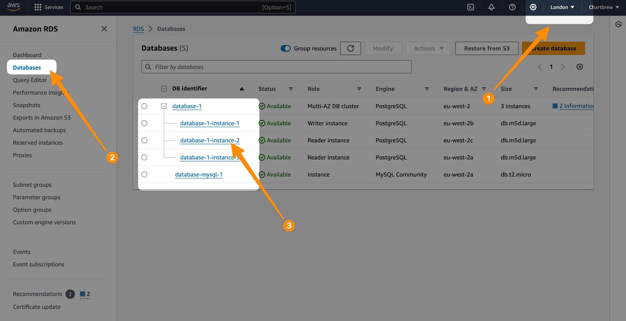 Navigating to RDS database instances