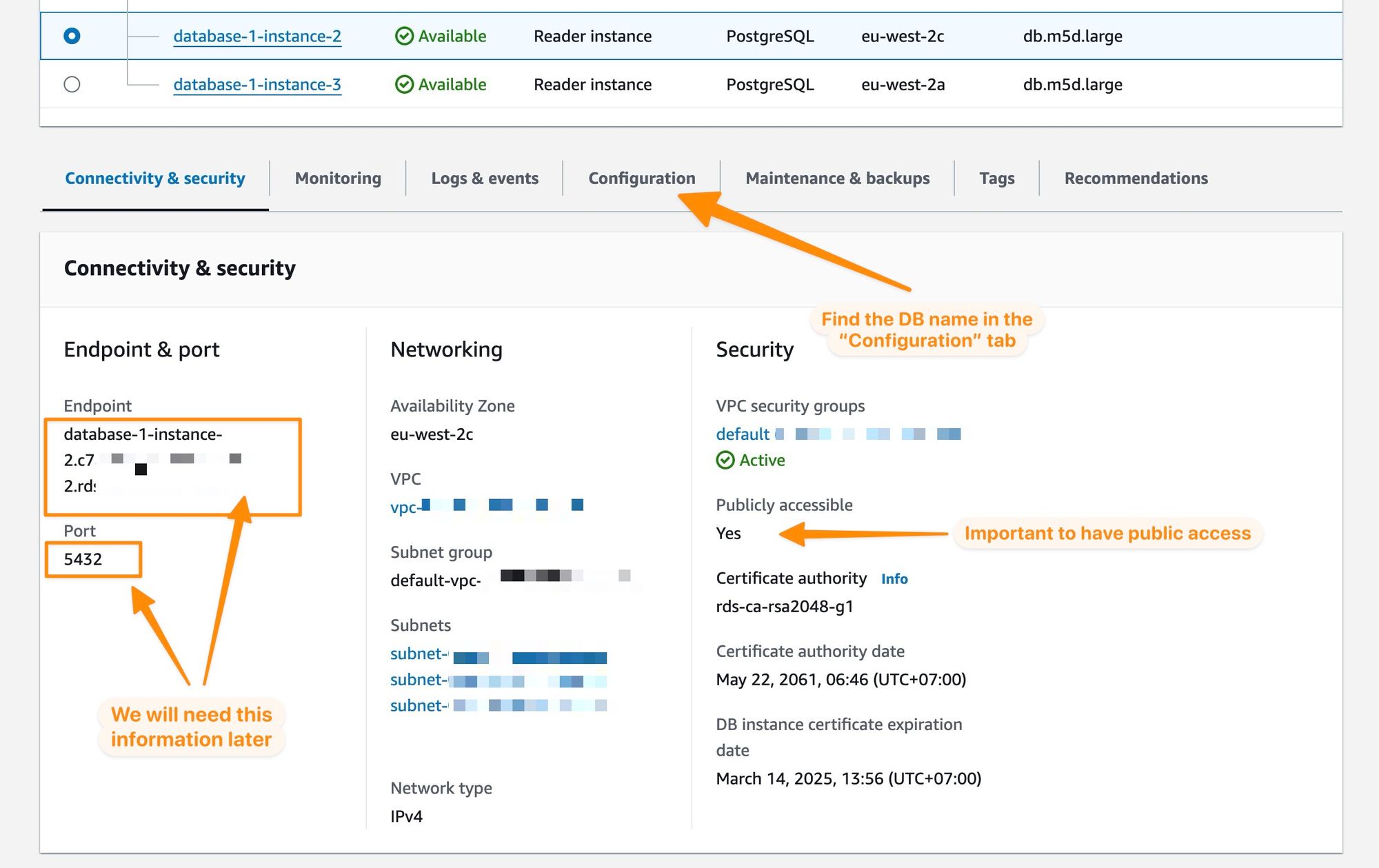 Accessing the connectivity configuration for RDS databases