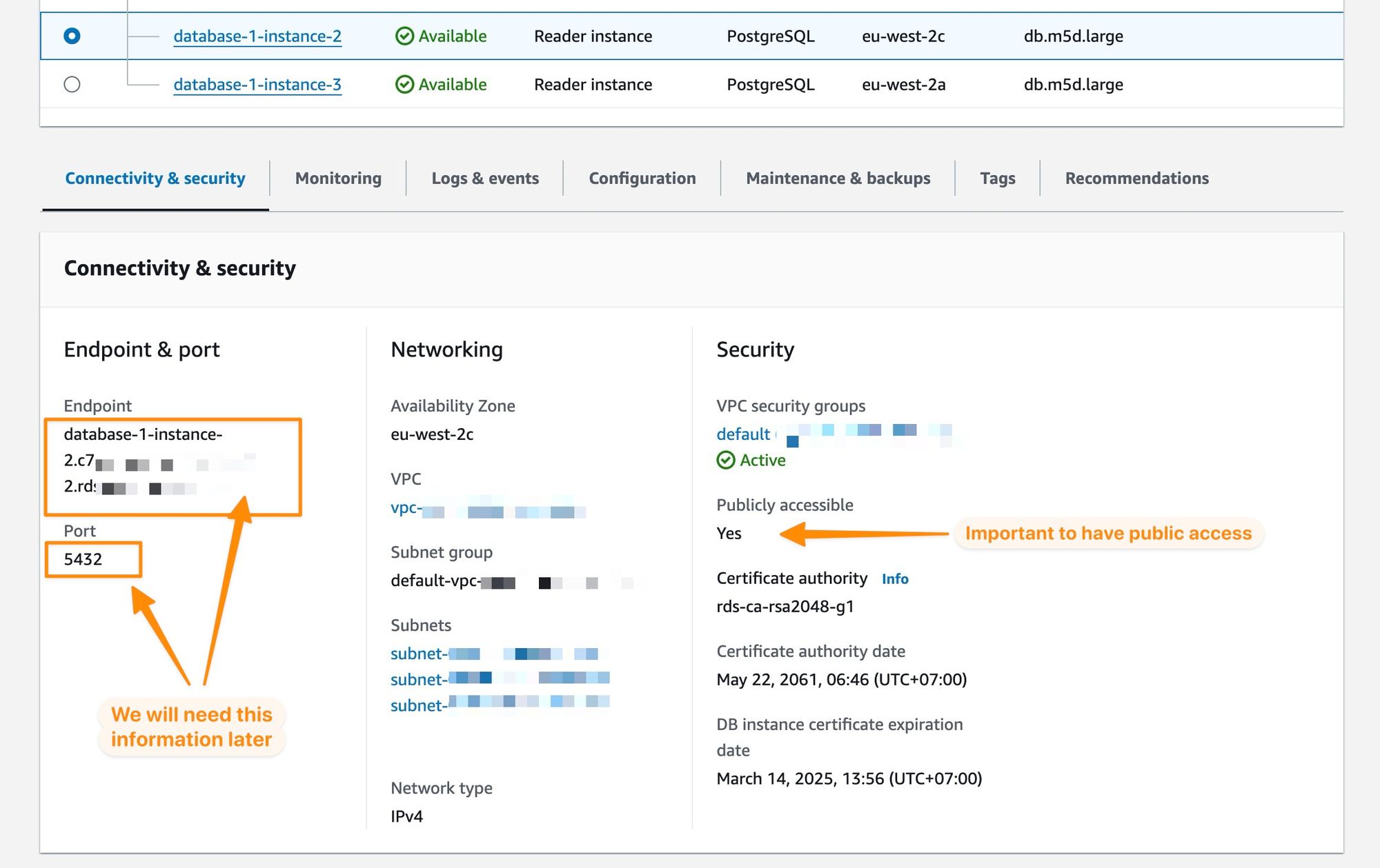 Accessing the connectivity configuration for RDS databases