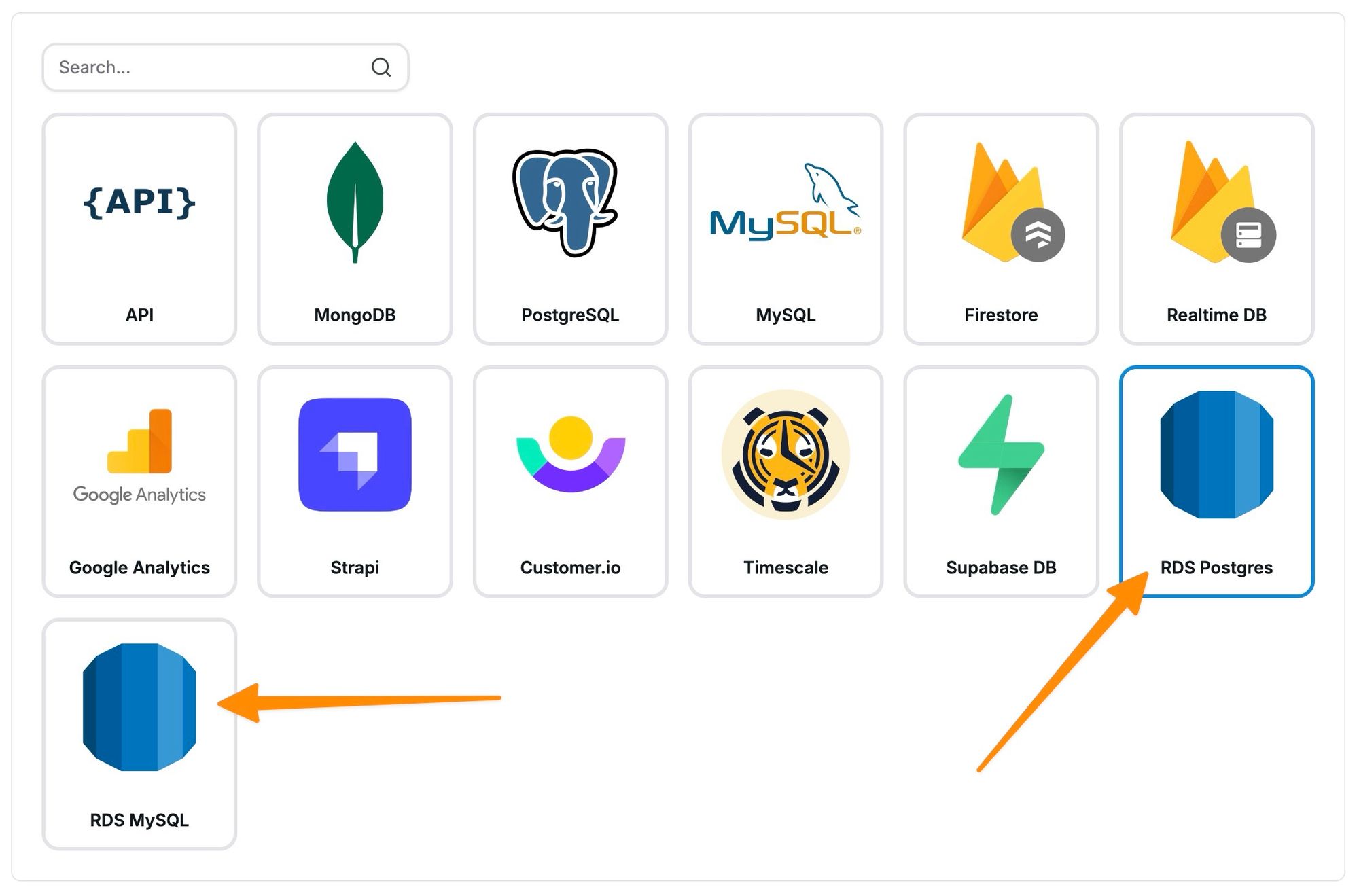 Selecting Amazon RDS from the Chartbrew connection list