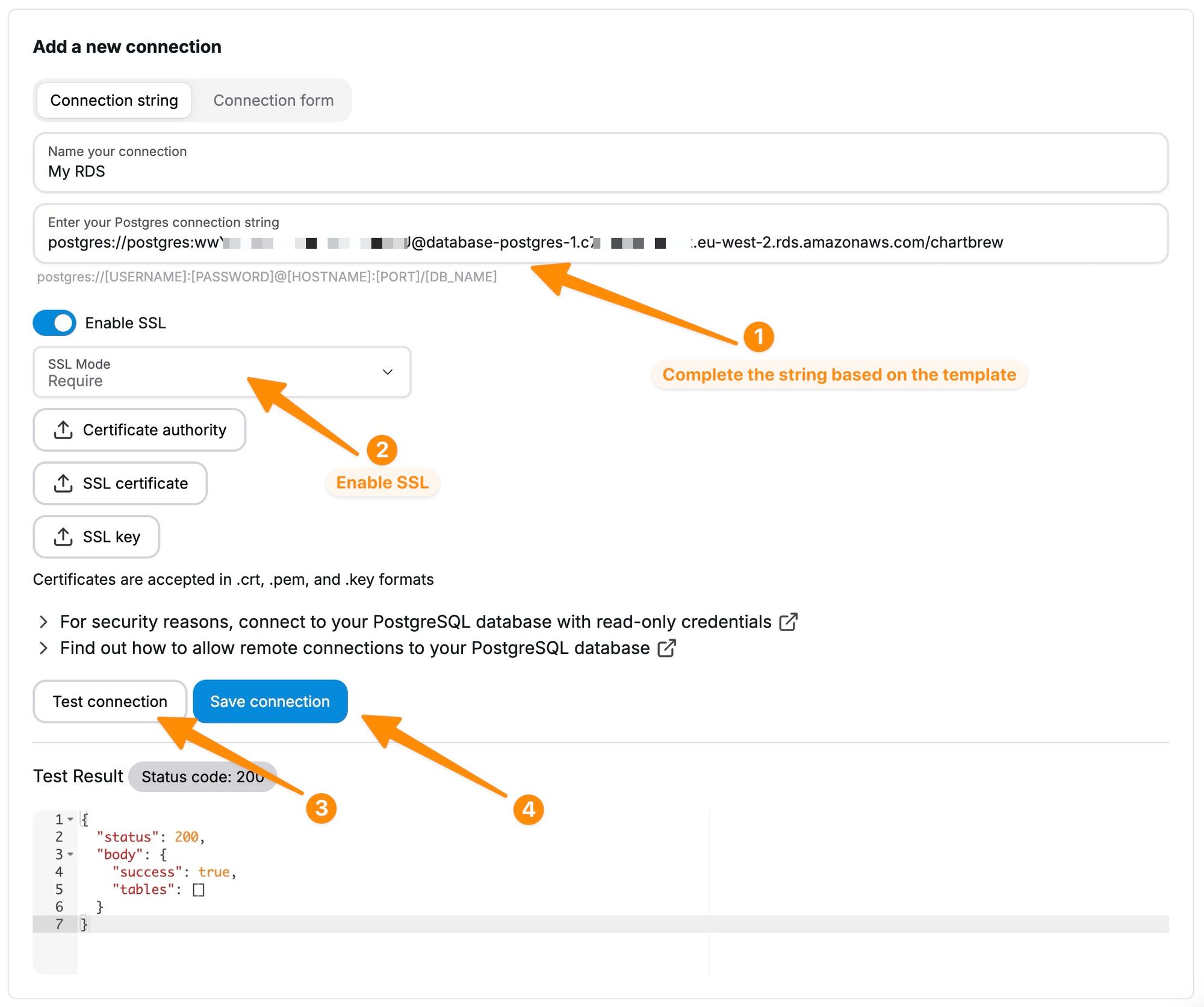 Connect to Amazon RDS using a connection string in Chartbrew