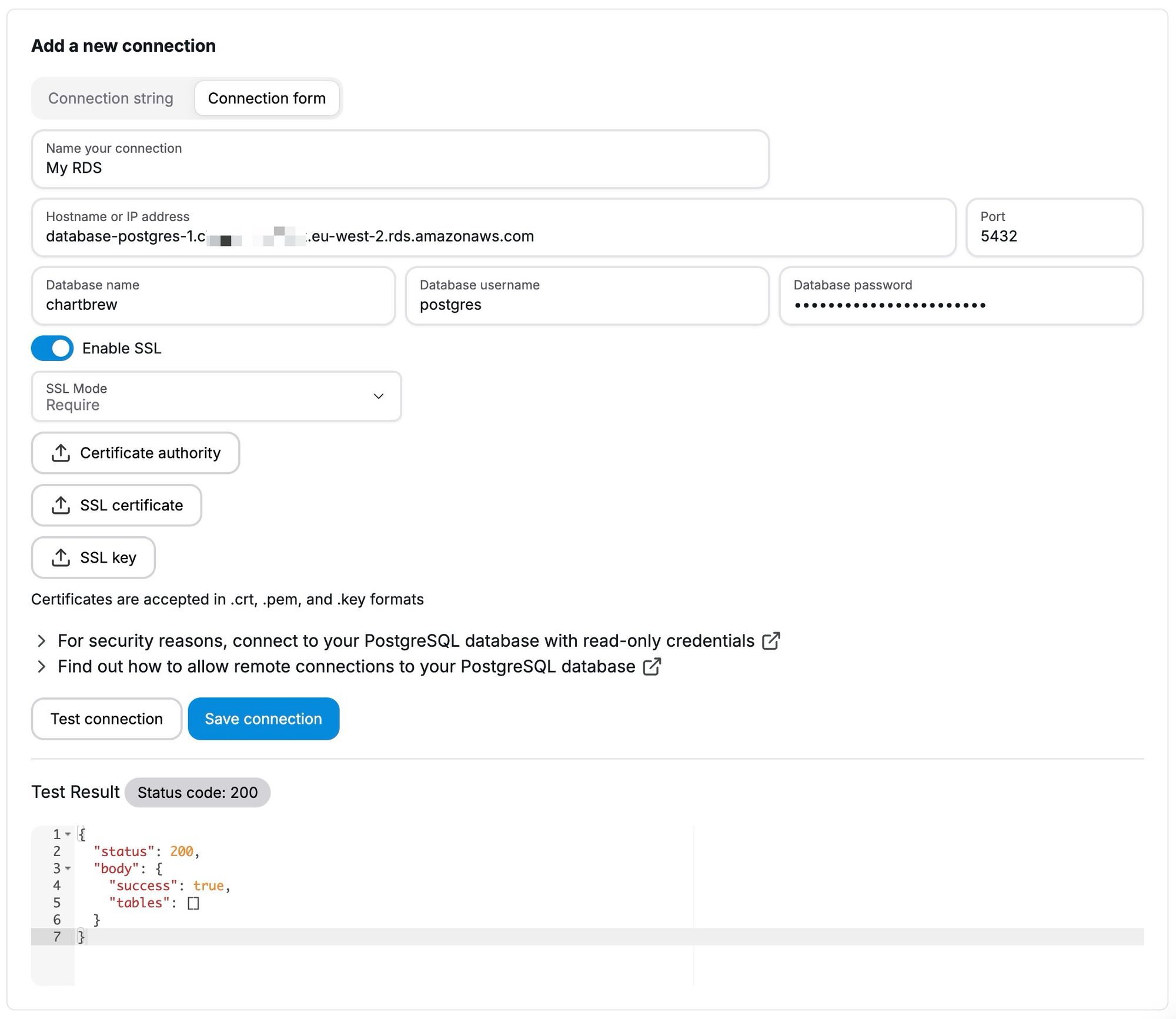 Connect to Amazon RDS the Chartbrew connection form