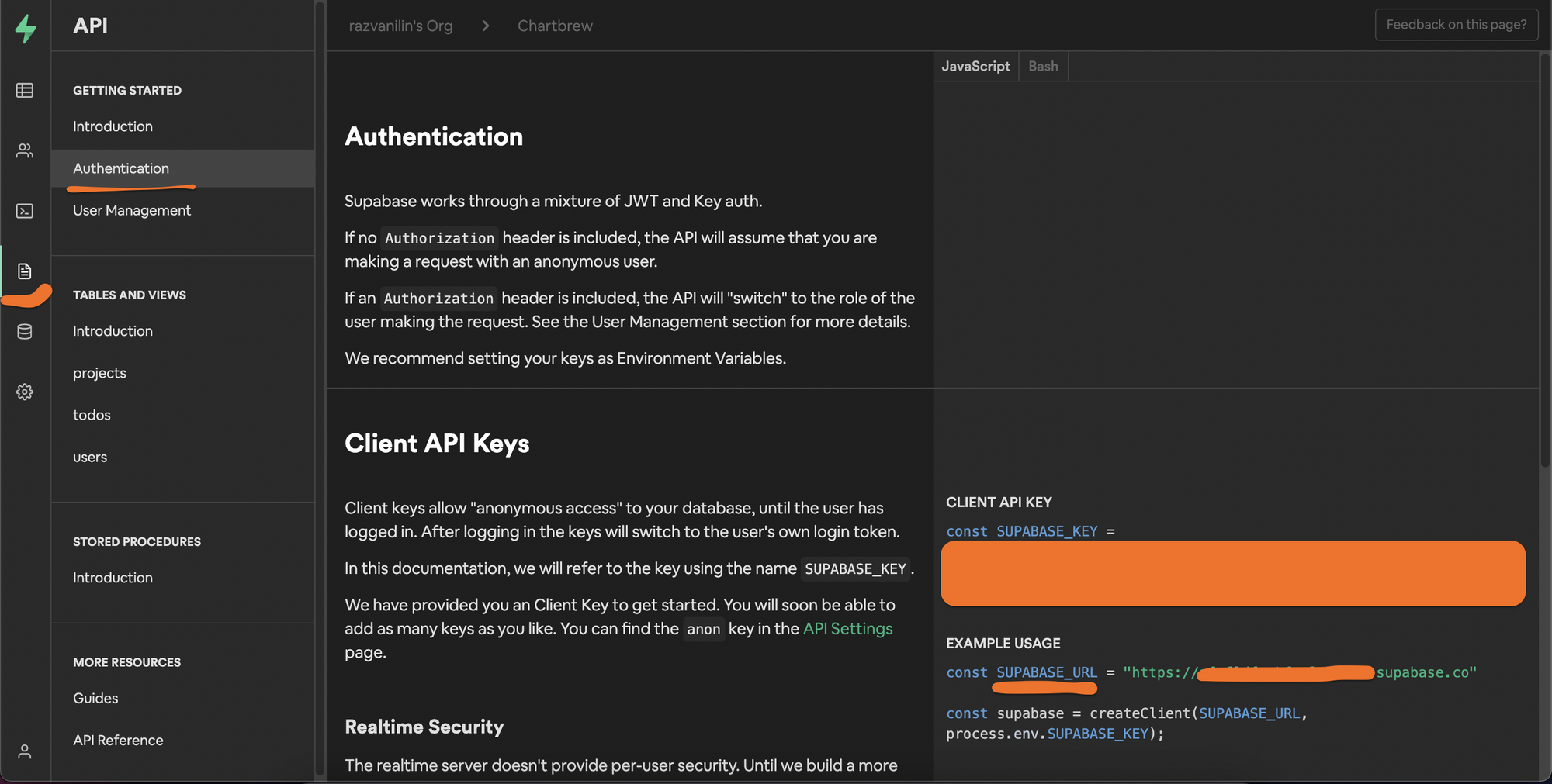 Supabase API settings for the Chartbrew connection