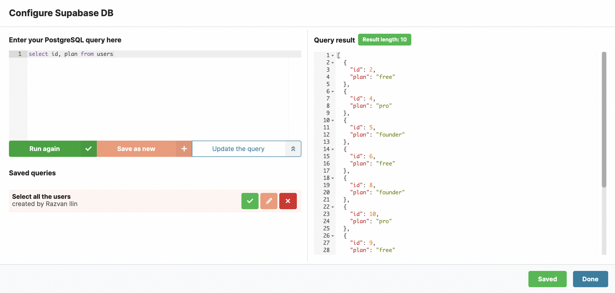 SQL query result in Chartbrew